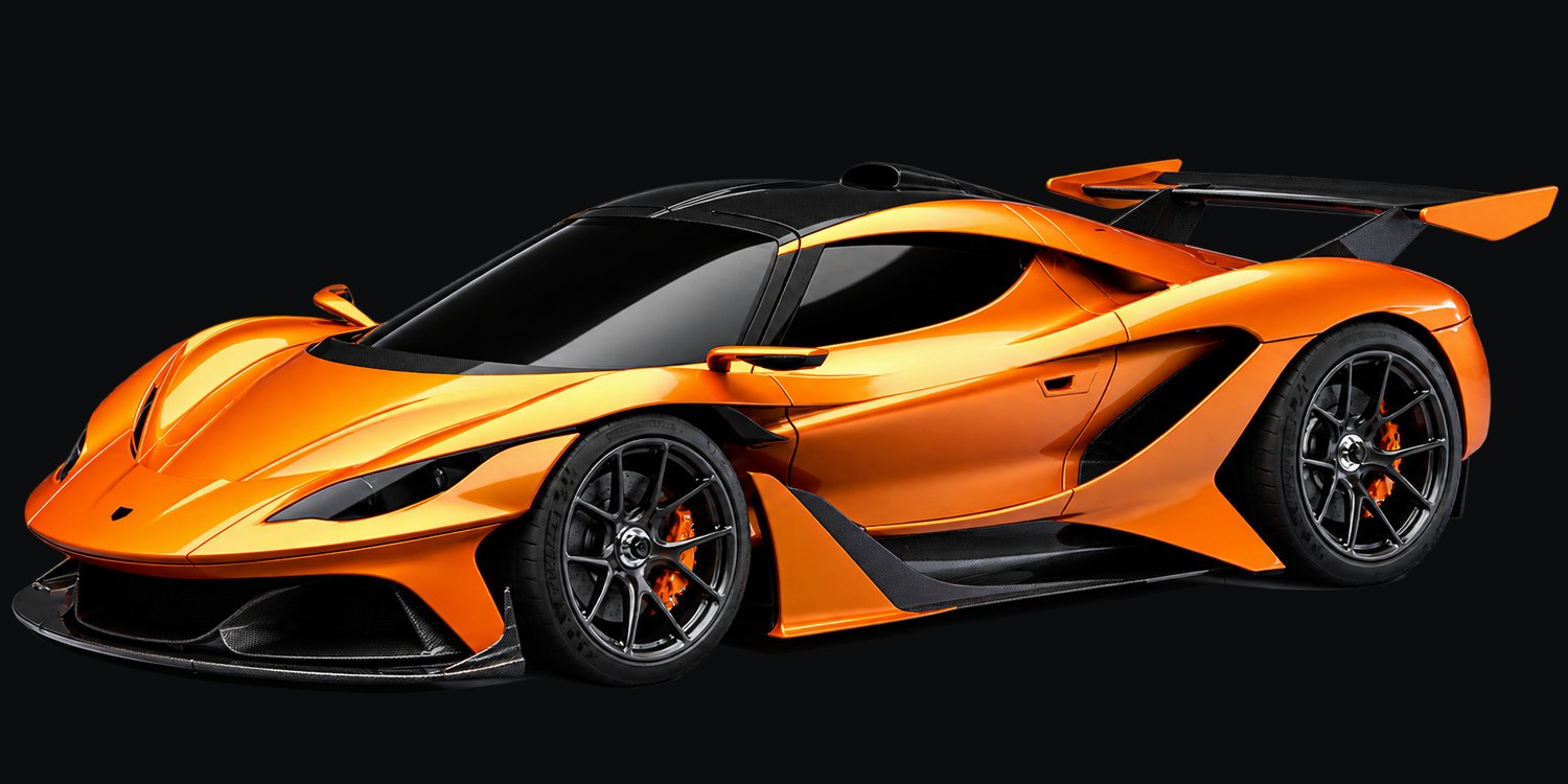 Orange lackierter Supersportwagen Apollo Arrow in Seitenansicht