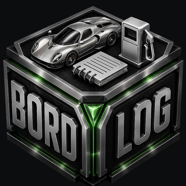 Signet der App BordLog: silberner Würfel mit Schriftzug BordLog, darauf ein Sportwagen, ein Notizbuch und eine Zapfsäule