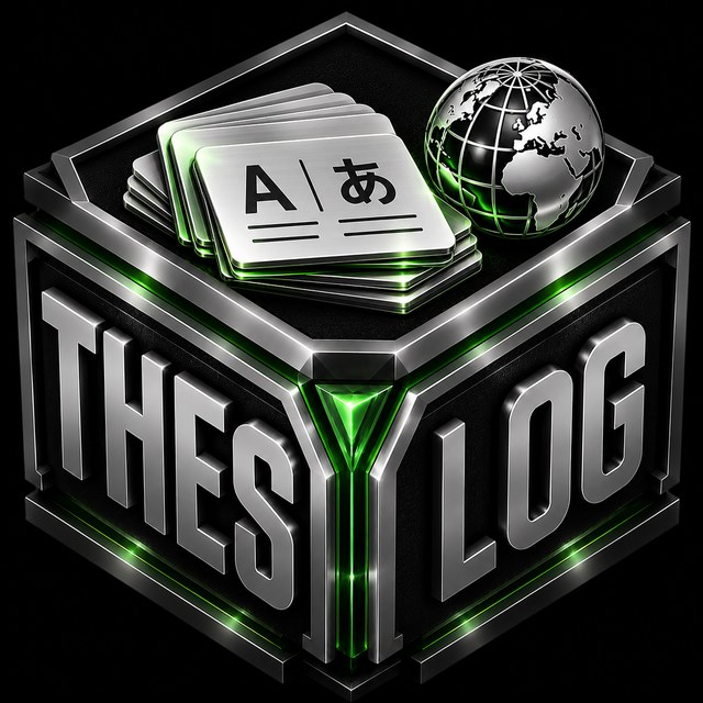 Signet der App ThesLog: silberner Würfel mit Schriftzug ThesLog, darauf ein Stapel Karteikarten und ein Globus